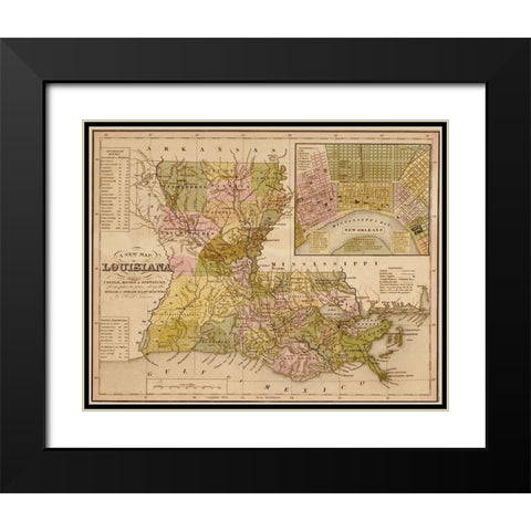 Louisiana 1844 Black Modern Wood Framed Art Print with Double Matting by Vintage Maps