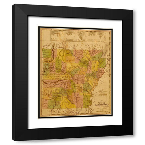 Arkansas 1844 Black Modern Wood Framed Art Print with Double Matting by Vintage Maps