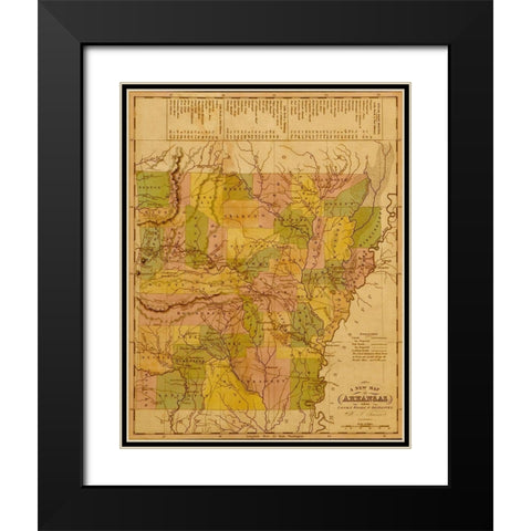 Arkansas 1844 Black Modern Wood Framed Art Print with Double Matting by Vintage Maps