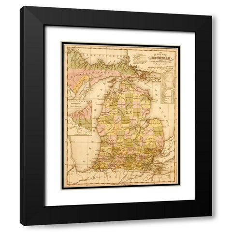Michigan 1844 Black Modern Wood Framed Art Print with Double Matting by Vintage Maps