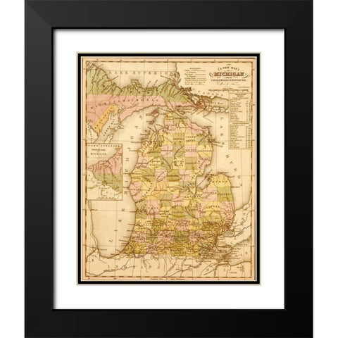 Michigan 1844 Black Modern Wood Framed Art Print with Double Matting by Vintage Maps