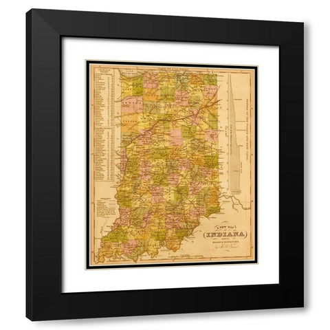 Indiana 1844 Black Modern Wood Framed Art Print with Double Matting by Vintage Maps