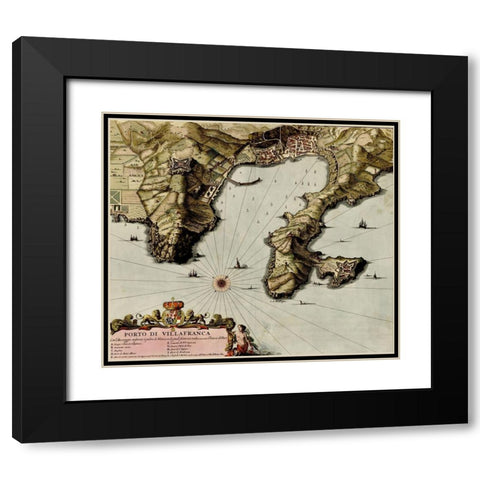 Villa Franca on the Mediterranean 1700 Black Modern Wood Framed Art Print with Double Matting by Vintage Maps