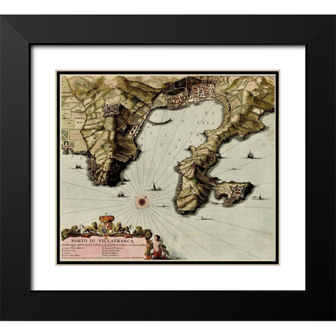 Villa Franca on the Mediterranean 1700 Black Modern Wood Framed Art Print with Double Matting by Vintage Maps