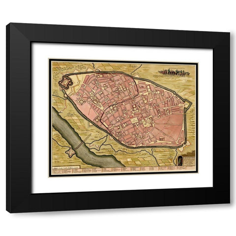 Battlements at Milan 1700 Black Modern Wood Framed Art Print with Double Matting by Vintage Maps