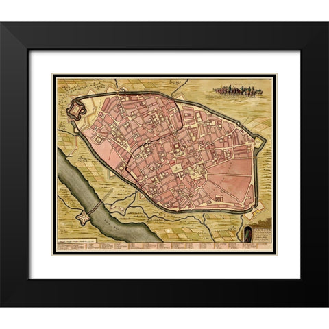 Battlements at Milan 1700 Black Modern Wood Framed Art Print with Double Matting by Vintage Maps