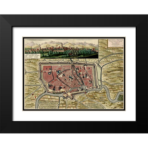 Trevise in the Italian Po Valley 1700 Black Modern Wood Framed Art Print with Double Matting by Vintage Maps