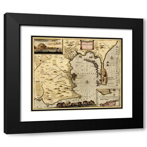 Straits and Defenses at Gibraltar 1700 Black Modern Wood Framed Art Print with Double Matting by Vintage Maps