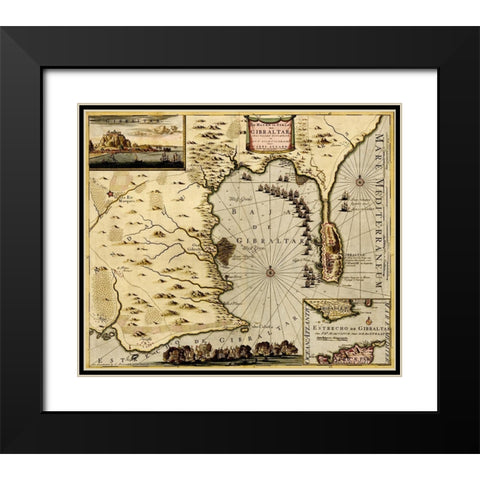 Straits and Defenses at Gibraltar 1700 Black Modern Wood Framed Art Print with Double Matting by Vintage Maps