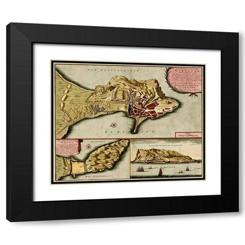 Gibraltar 1700 Black Modern Wood Framed Art Print with Double Matting by Vintage Maps