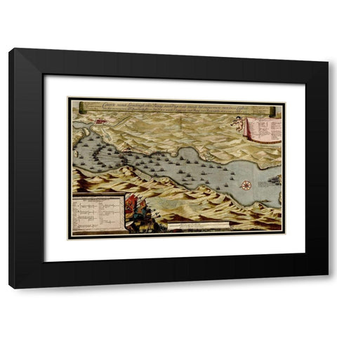 Vigos Spain 1700 Battle of Vigo Bay Black Modern Wood Framed Art Print with Double Matting by Vintage Maps