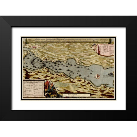 Vigos Spain 1700 Battle of Vigo Bay Black Modern Wood Framed Art Print with Double Matting by Vintage Maps