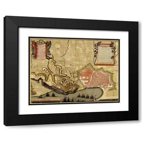 Barcelona Spain Defenses 1700 Black Modern Wood Framed Art Print with Double Matting by Vintage Maps