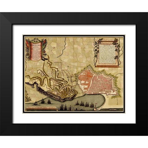 Barcelona Spain Defenses 1700 Black Modern Wood Framed Art Print with Double Matting by Vintage Maps