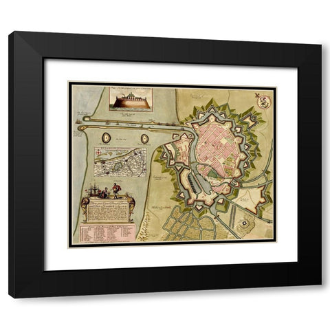 Dunkirk Dunquerque Defenses 1700 Black Modern Wood Framed Art Print with Double Matting by Vintage Maps