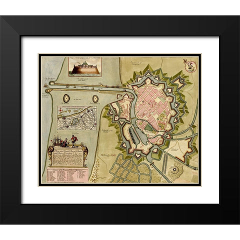 Dunkirk Dunquerque Defenses 1700 Black Modern Wood Framed Art Print with Double Matting by Vintage Maps