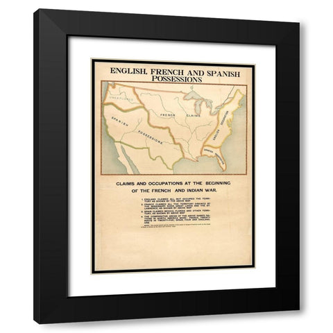 English French and Spanish Possessions Black Modern Wood Framed Art Print with Double Matting by Vintage Maps