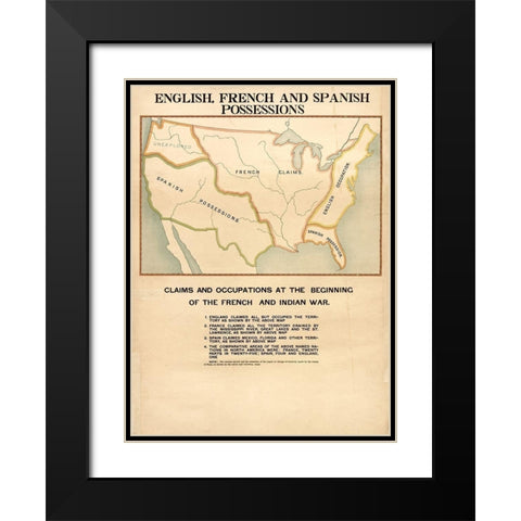 English French and Spanish Possessions Black Modern Wood Framed Art Print with Double Matting by Vintage Maps