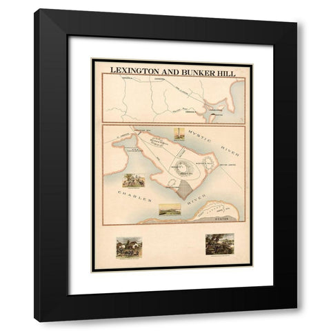 Lexington and Bunker Hill Black Modern Wood Framed Art Print with Double Matting by Vintage Maps