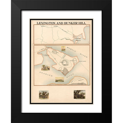 Lexington and Bunker Hill Black Modern Wood Framed Art Print with Double Matting by Vintage Maps