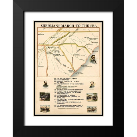 Civil War Shermans March to the Sea Black Modern Wood Framed Art Print with Double Matting by Vintage Maps
