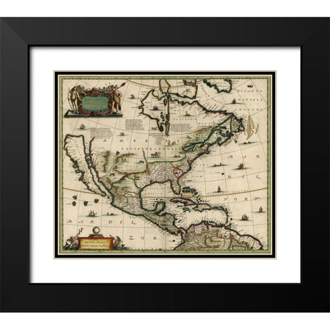 America in the 17th Century 1652 Black Modern Wood Framed Art Print with Double Matting by Vintage Maps