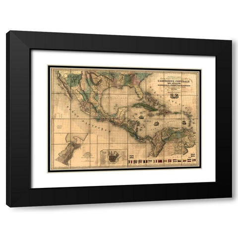Central America and The Antilles 1845 Black Modern Wood Framed Art Print with Double Matting by Vintage Maps