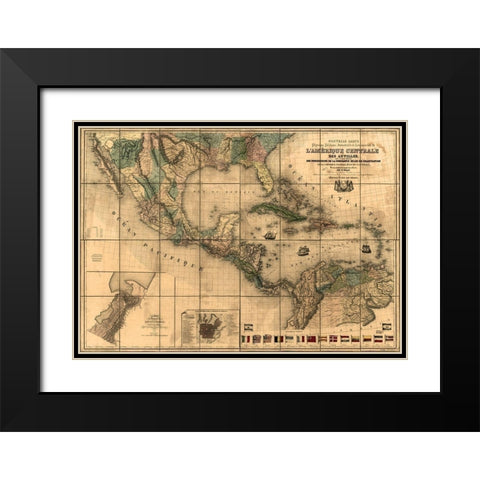 Central America and The Antilles 1845 Black Modern Wood Framed Art Print with Double Matting by Vintage Maps