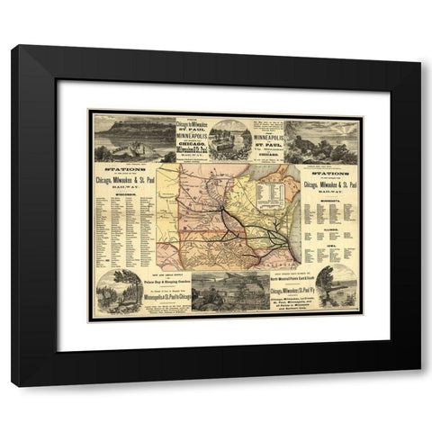 Chicago to Milwaukee Railroad Map 1874 Black Modern Wood Framed Art Print with Double Matting by Vintage Maps