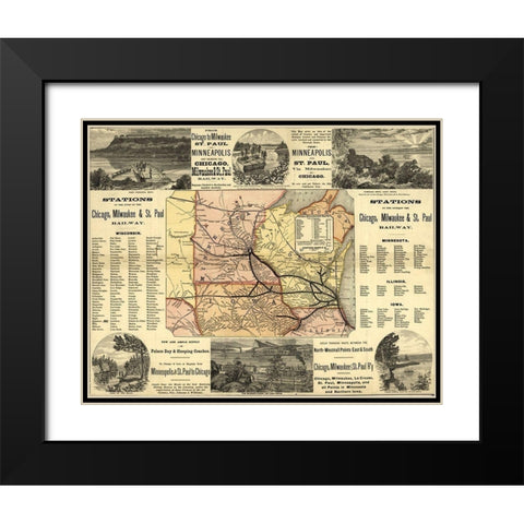 Chicago to Milwaukee Railroad Map 1874 Black Modern Wood Framed Art Print with Double Matting by Vintage Maps