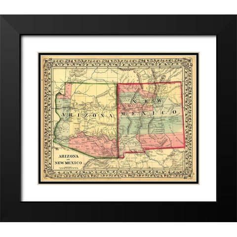 Arizona and New Mexico 1867 Black Modern Wood Framed Art Print with Double Matting by Vintage Maps