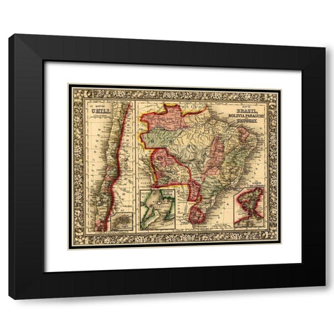 Brazil-Bolivia-Paraguay-Uruguay-Chili 1870 Black Modern Wood Framed Art Print with Double Matting by Vintage Maps