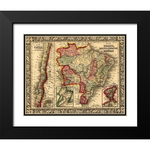 Brazil-Bolivia-Paraguay-Uruguay-Chili 1870 Black Modern Wood Framed Art Print with Double Matting by Vintage Maps