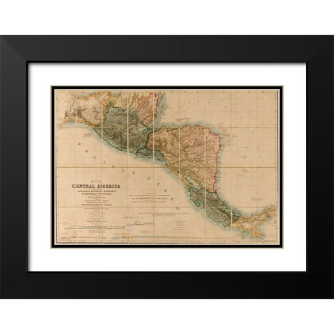 Topographic Map of Central America 1850 Black Modern Wood Framed Art Print with Double Matting by Vintage Maps