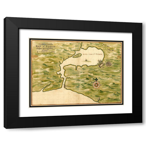 Cuba Santiago Bay Black Modern Wood Framed Art Print with Double Matting by Vintage Maps