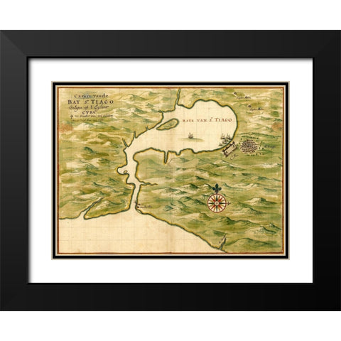Cuba Santiago Bay Black Modern Wood Framed Art Print with Double Matting by Vintage Maps