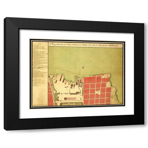 Havana Cuba City Plan 1700 Black Modern Wood Framed Art Print with Double Matting by Vintage Maps