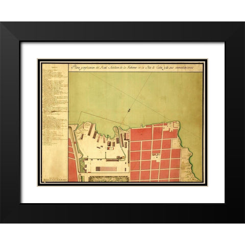 Havana Cuba City Plan 1700 Black Modern Wood Framed Art Print with Double Matting by Vintage Maps
