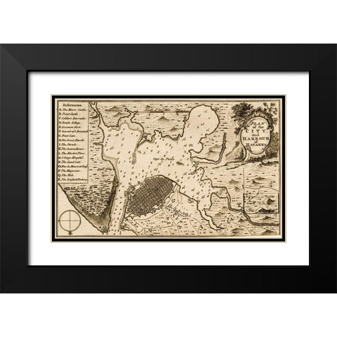 Havana Cuba City Plan 1701 Black Modern Wood Framed Art Print with Double Matting by Vintage Maps