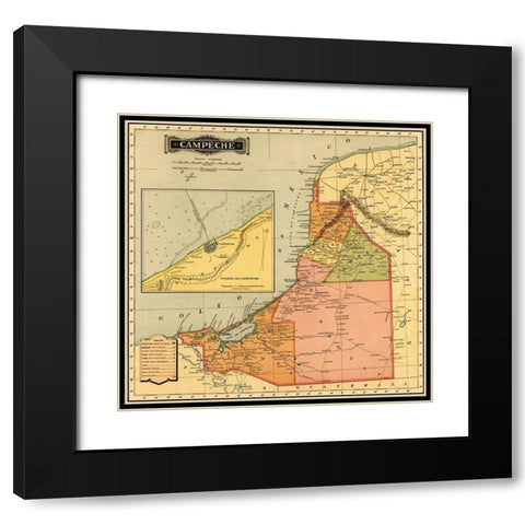 Campeche 1844 Black Modern Wood Framed Art Print with Double Matting by Vintage Maps