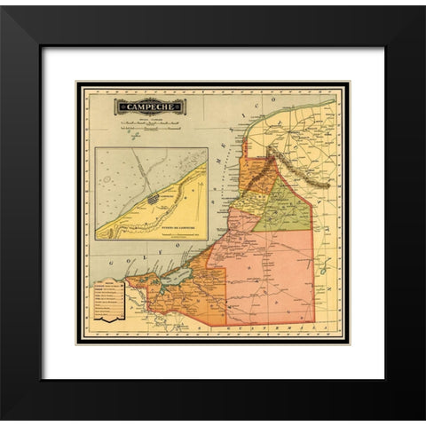 Campeche 1844 Black Modern Wood Framed Art Print with Double Matting by Vintage Maps