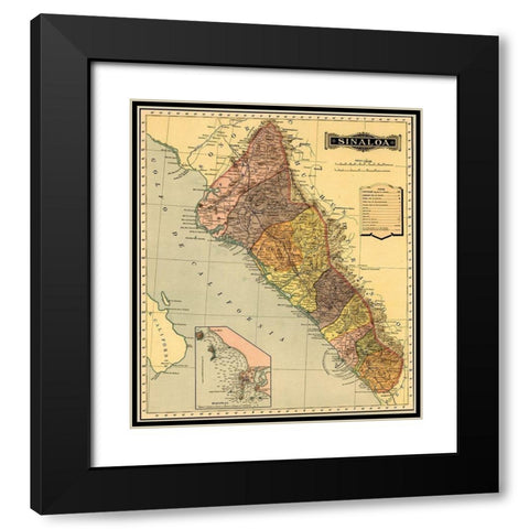 Sinaloa 1844 Black Modern Wood Framed Art Print with Double Matting by Vintage Maps