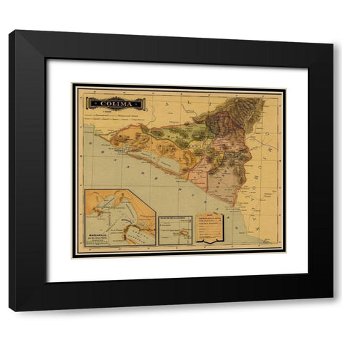 Colima 1844 Black Modern Wood Framed Art Print with Double Matting by Vintage Maps