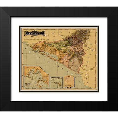 Colima 1844 Black Modern Wood Framed Art Print with Double Matting by Vintage Maps