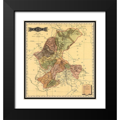 Zacatecas 1844 Black Modern Wood Framed Art Print with Double Matting by Vintage Maps