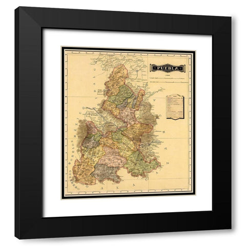Puebla 1844 Black Modern Wood Framed Art Print with Double Matting by Vintage Maps