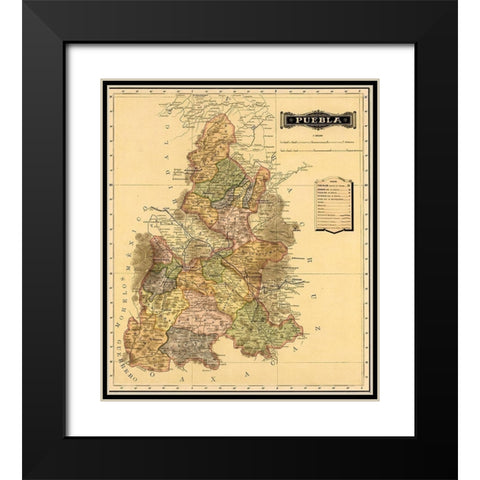 Puebla 1844 Black Modern Wood Framed Art Print with Double Matting by Vintage Maps