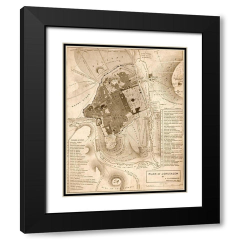 Jerusalem 1835 Black Modern Wood Framed Art Print with Double Matting by Vintage Maps