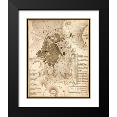 Jerusalem 1835 Black Modern Wood Framed Art Print with Double Matting by Vintage Maps