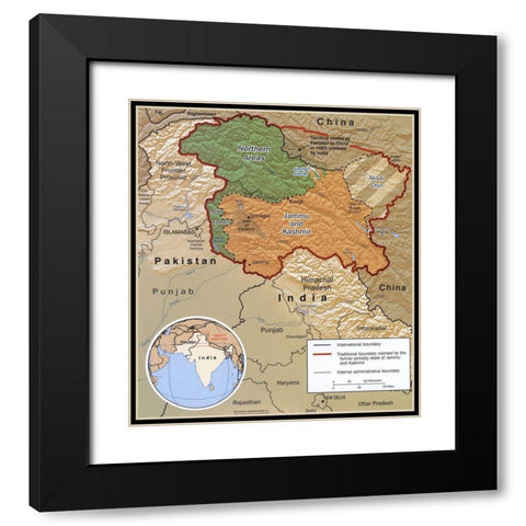 Disputed Area of Kashmir 2002 Black Modern Wood Framed Art Print with Double Matting by Vintage Maps
